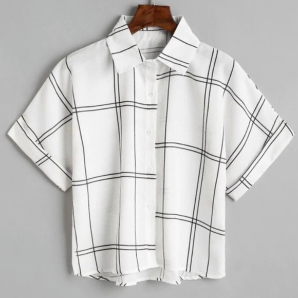 Zaful Tops - Zaful White and Black Plaid Striped Button Blouse